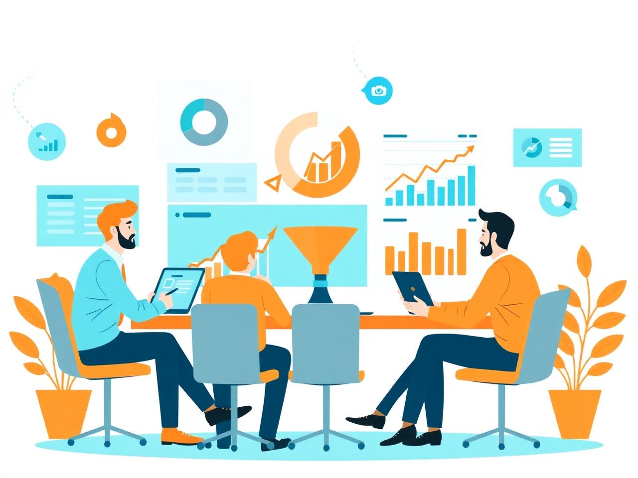 Marketing team reviewing campaign performance dashboards and growth charts